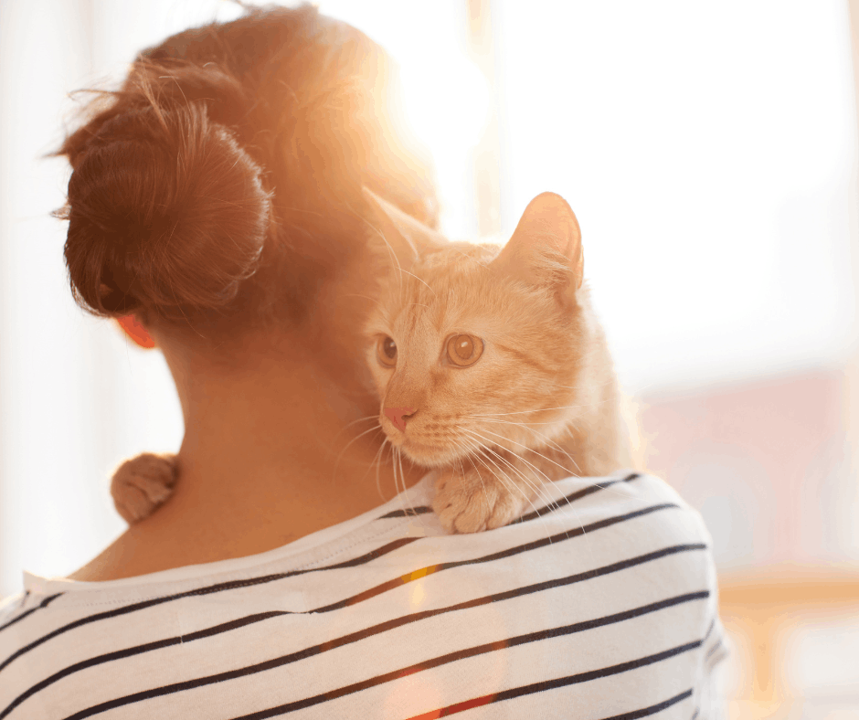 Woman holding cat on her shoulder.